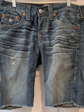 True Religion Riley Distressed Denim Shorts Low Rise Button Fly Cutoff Jorts
